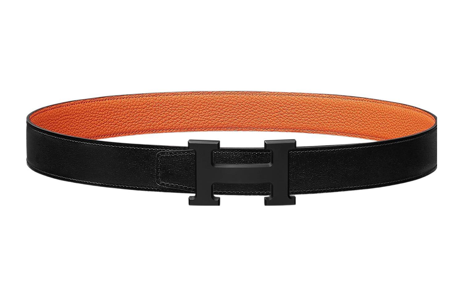(Women) HERMES Double-Sided Togo Leather Belt Black/Orange 32cm Adjustable Strap H080029CY89-H073967CAAE090