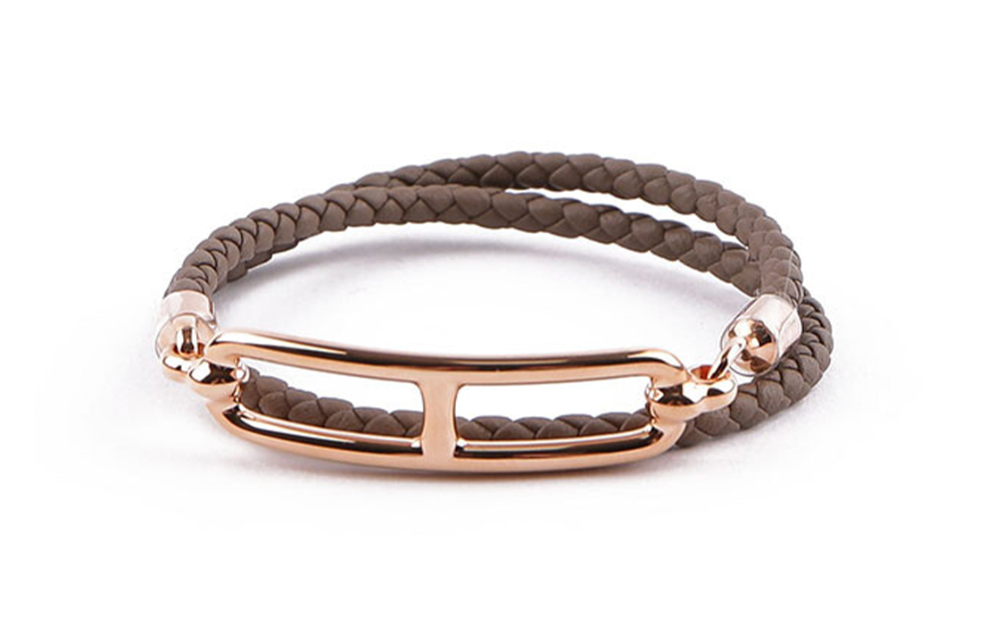 (Women) HERMES Double Wrap Loulis Clasp Calfskin Bracelet for Women - Brown. H071727FO18T2