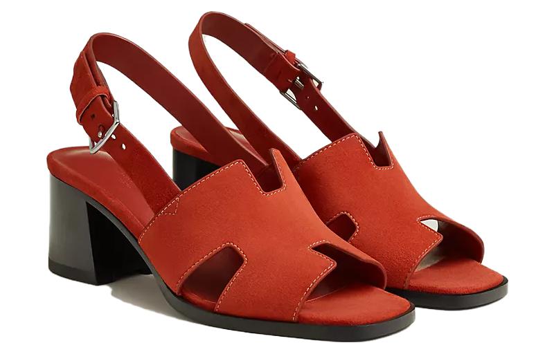(W) HERMES Elbe Velvet Open-Toe Sandals 'Red' 圖 3
