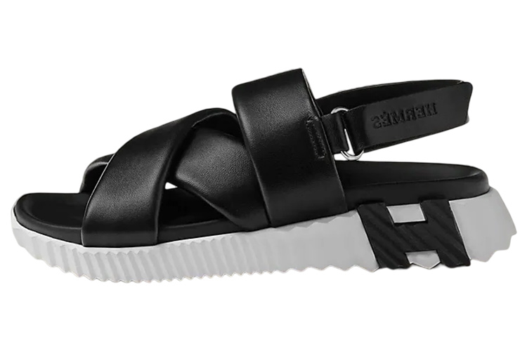 (Women) HERMES Electric Leather Open Toe Velcro 'Black White' H222160Z-02