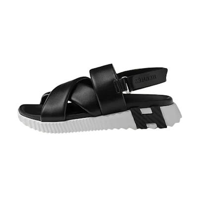 (W) HERMES Electric Leather Open Toe Velcro 'Black White'