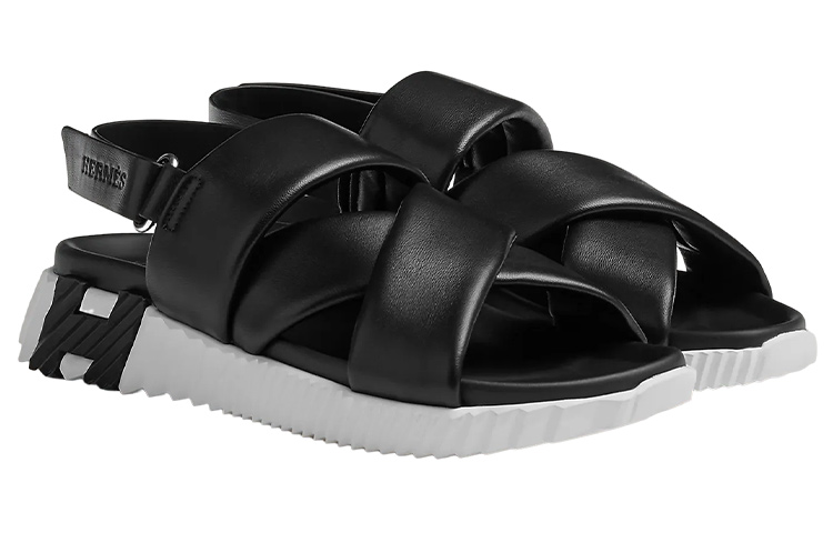 Order (W) HERMES Sandalias de Cuero Eléctrico Abiertas con Velcro 'Negro Blanco' H222160Z-02