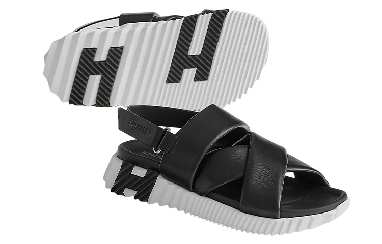 Shop (W) HERMES Sandalias de Cuero Eléctrico Abiertas con Velcro 'Negro Blanco' H222160Z-02