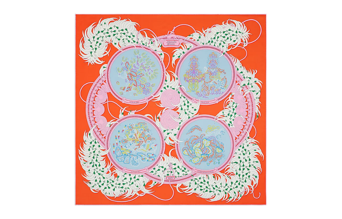 (Women) HERMES Embroidered Pattern Silk Scarf Women’s Orange H003972S03