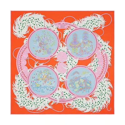 (Women) HERMES Embroidered Pattern Silk Scarf Women’s Orange H003972S03