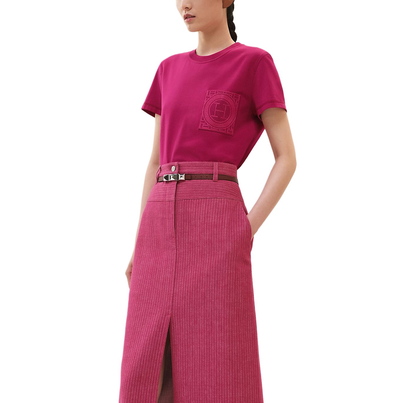 (Women) HERMES Embroidered Pocket Short Sleeve T-Shirt Pink (). H4H4615DA3J