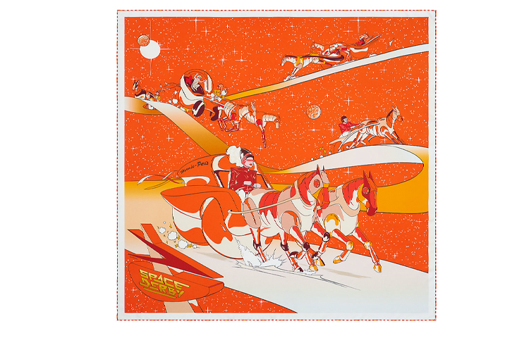 (Women) HERMES Equestrian Space 90cm Silk Scarf Women Orange H003573S-21