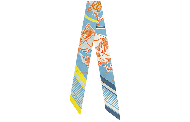 (Women) HERMES Ex-Libris Twilly Silk Scarf Women Light Blue Gray Yellow H063791S-09