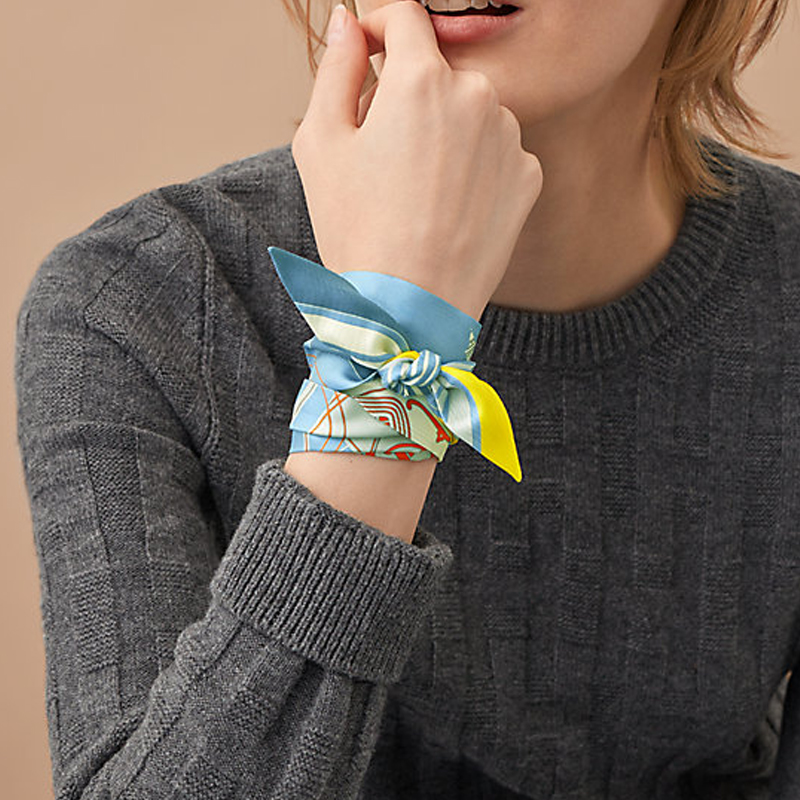 (Women) HERMES Ex-Libris Twilly Silk Scarf Women Light Blue Gray Yellow H063791S-09 圖 3