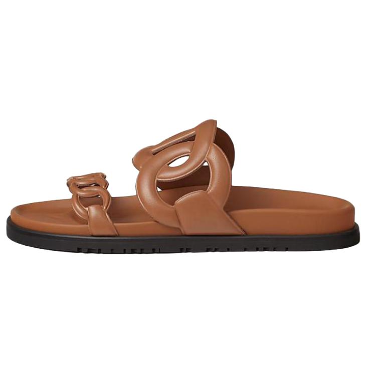 (W) HERMES Extra 'Brown Leather Slides'