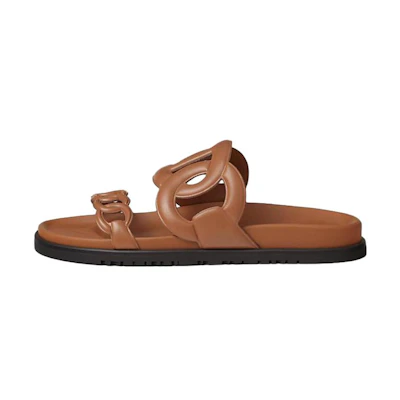 (W) HERMES Extra 'Brown Leather Slides'