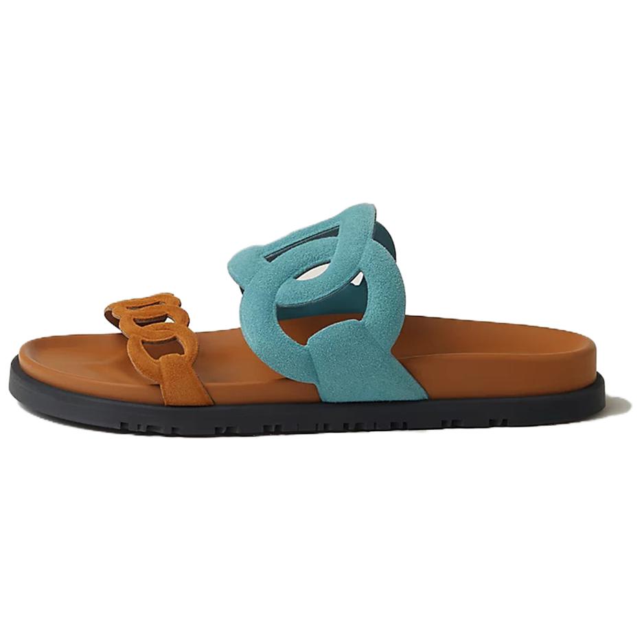 (Women) HERMES Extra Slide Sandals Blue Brown H222301Z 6H350