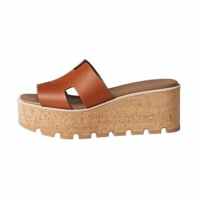 (W) HERMES Eze 30 'Brown Calfskin Peep-Toe Platform'