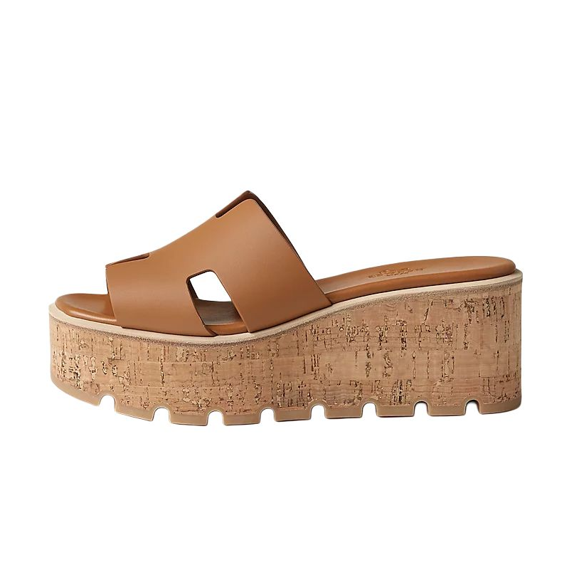 (Women) HERMES Eze 30 Brown Calfskin Open-Toe Wedge Sandals H221026Z A3