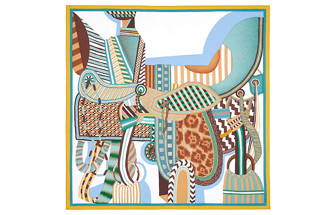 (Women) HERMES Fantasy Saddle 90cm Square Silk Scarf Green for Women. H003846S-04