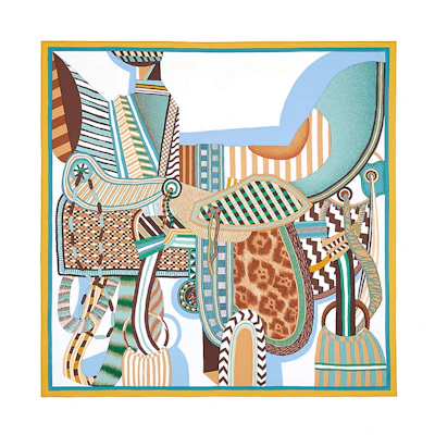 (Women) HERMES Fantasy Saddle 90cm Square Silk Scarf Green for Women. H003846S-04
