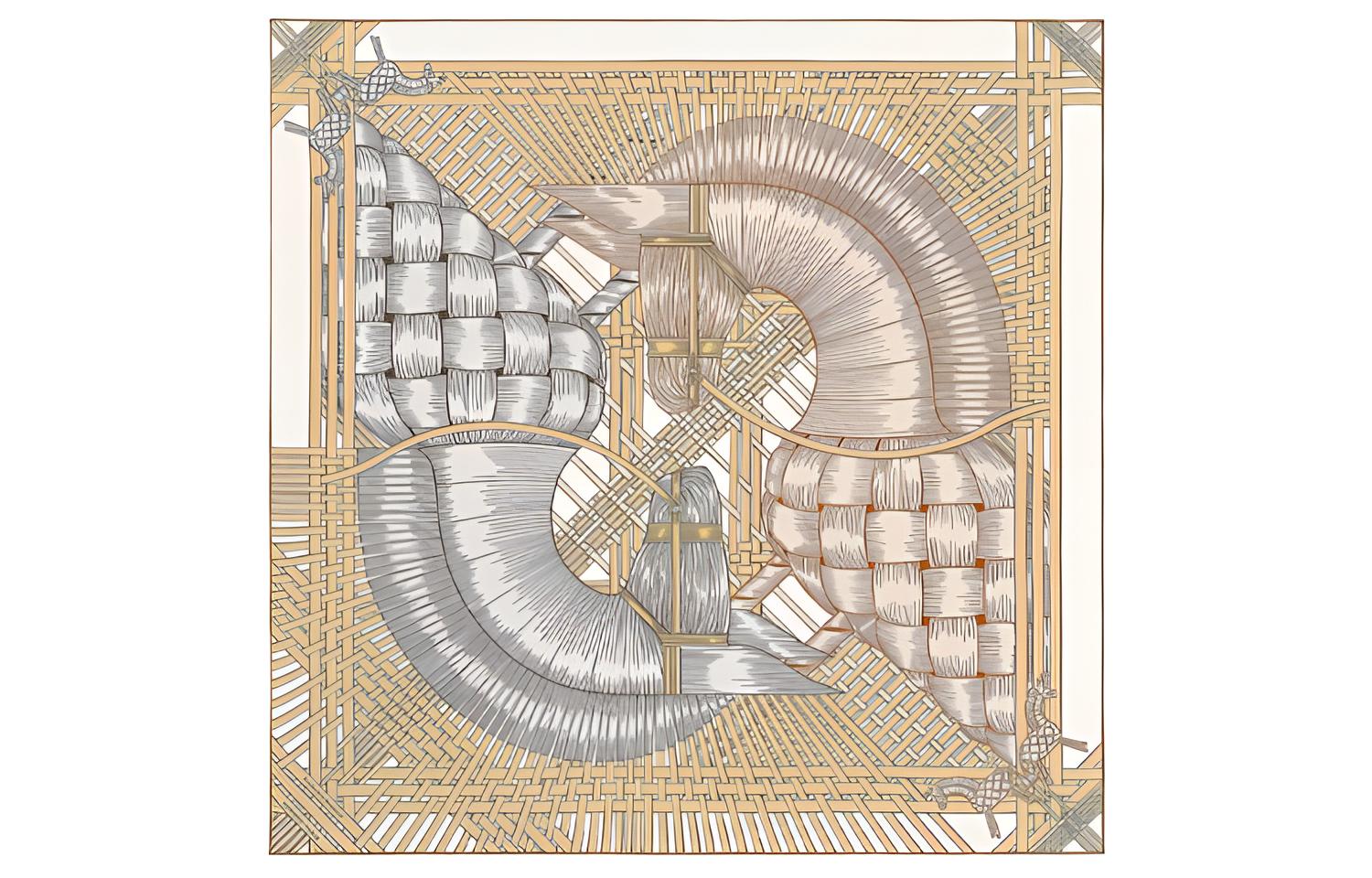 (Women) HERMES Fashion Silk Scarf for Women - Gold/Silver Print Accessory H003684S-18