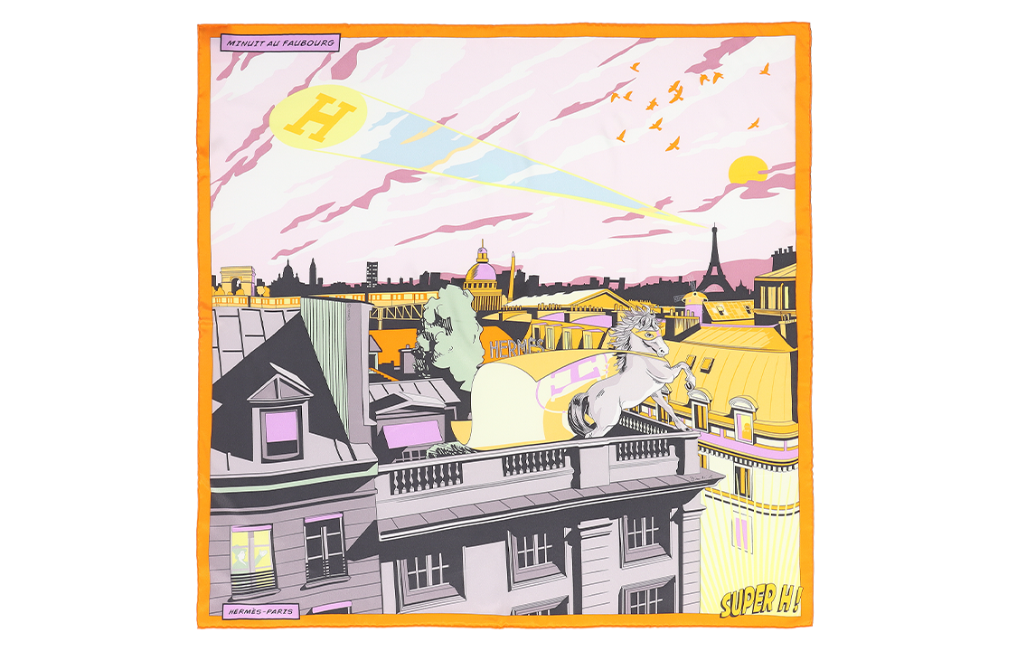 (Women) HERMES Faubourg Midnight Silk Scarf 70cm Orange/Grey/Sulfur Yellow Women. H982820S-18