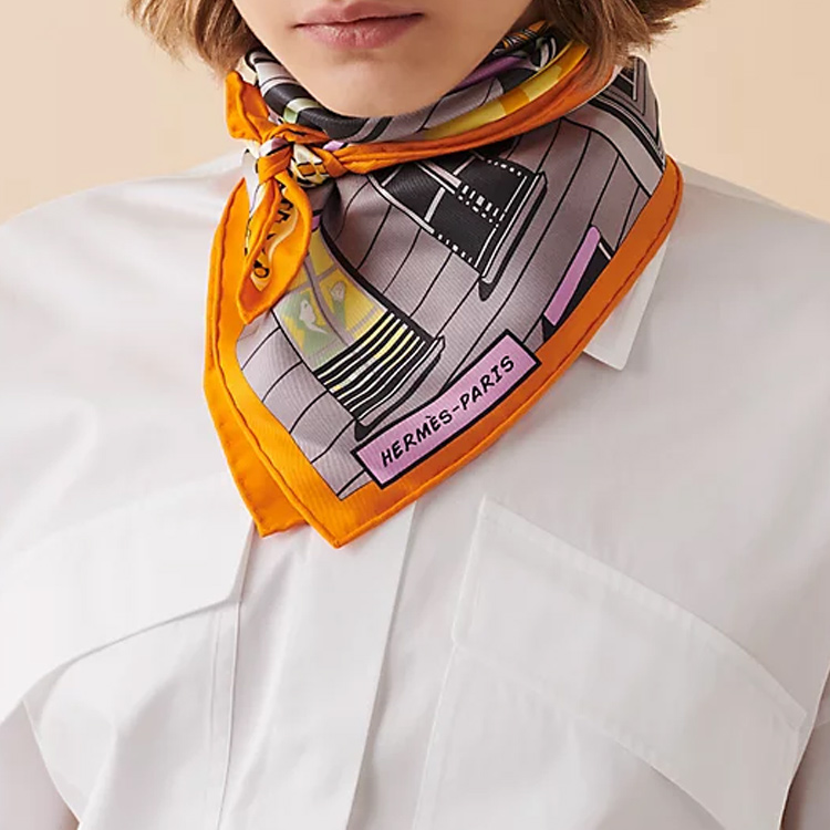 (Women) HERMES Faubourg Midnight Silk Scarf 70cm Orange/Grey/Sulfur Yellow Women. H982820S-18 圖 5