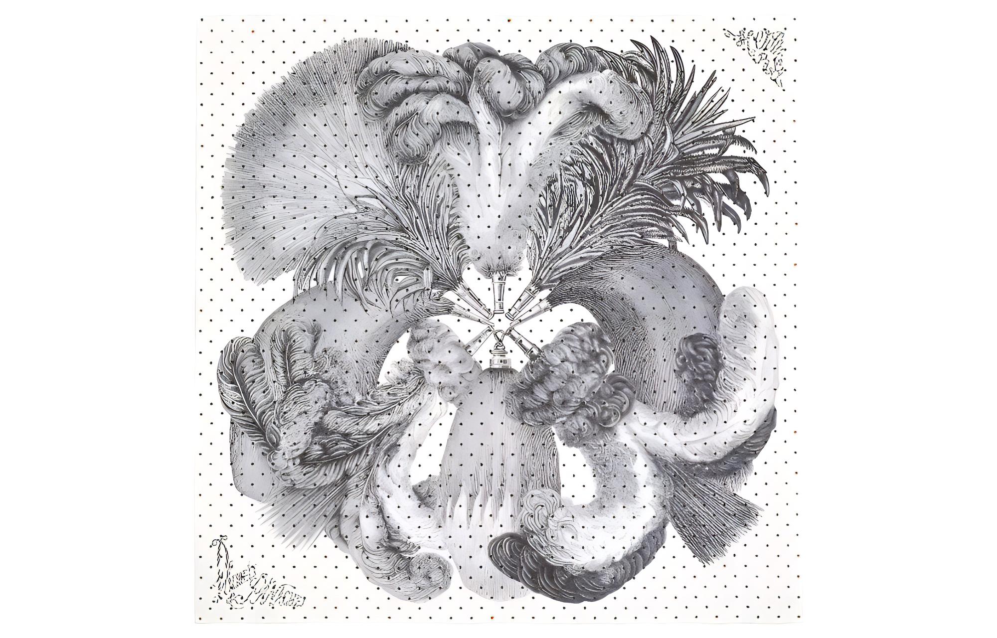 (Women) HERMES Feather Pattern 90cm Silk Scarf Women White/Black/Gray H003851S-03