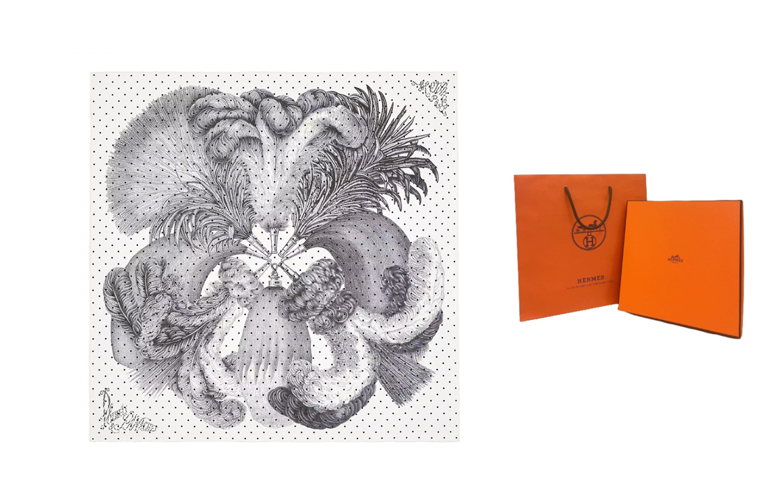 (Women) HERMES Feather Pattern 90cm Silk Scarf Women White/Black/Gray H003851S-03 圖 4