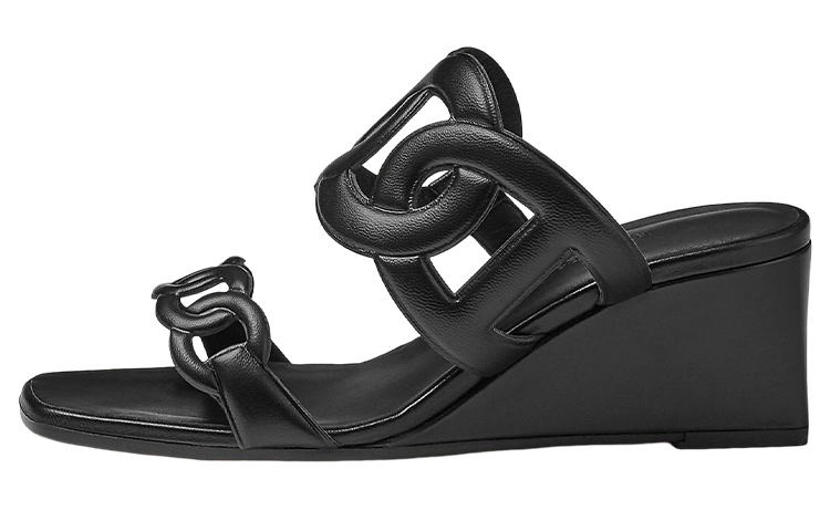 (Women) HERMES Figari 55 'Black Leather Mule Wedge' H222149Z-02