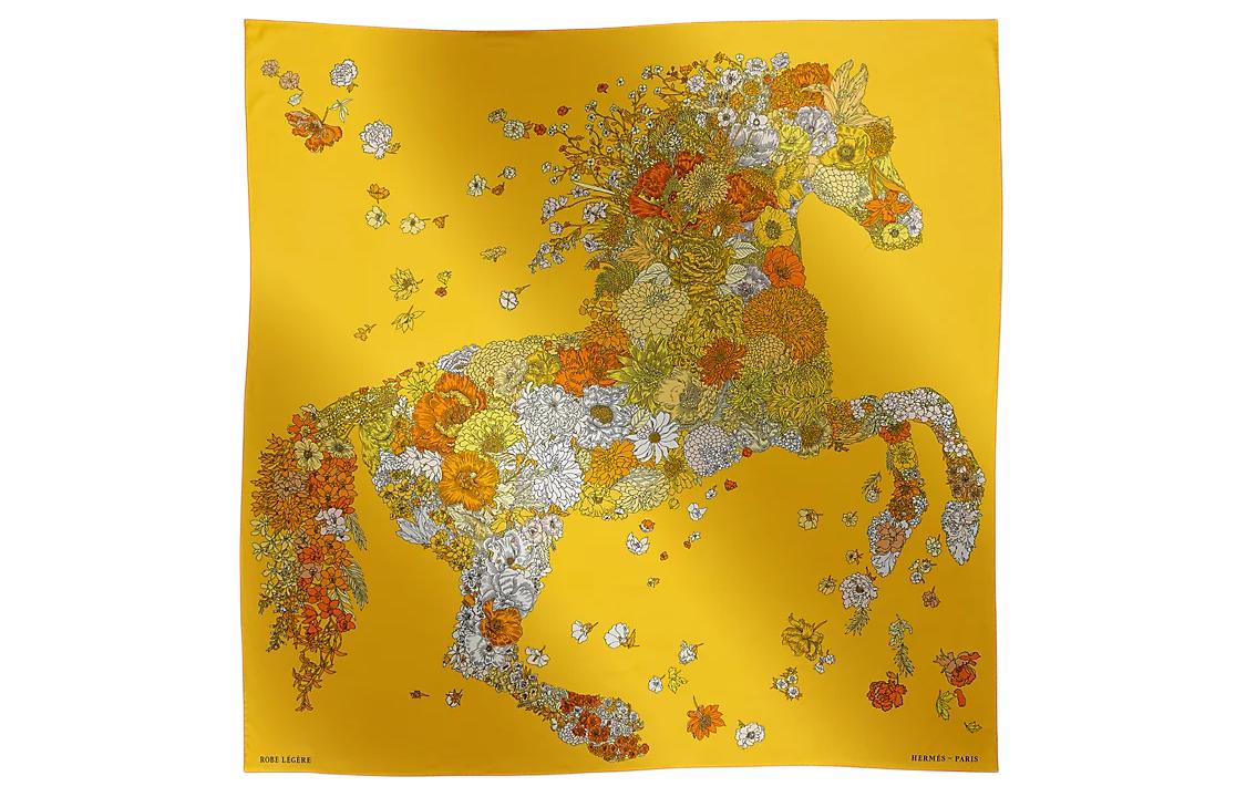 (Women) HERMES Floral Horse Design Silk Scarf Women’s Yellow. H673904Sv08