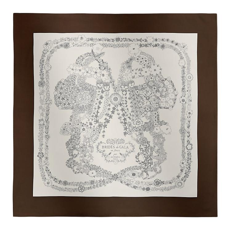 (Women) HERMES Floral Pattern Mulberry Silk Scarf for Women Ebony/White. H004192S08