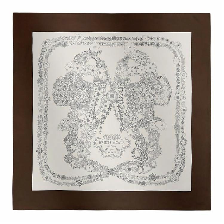 (Women) HERMES Floral Pattern Mulberry Silk Scarf for Women Ebony/White. H004192S08 圖 2