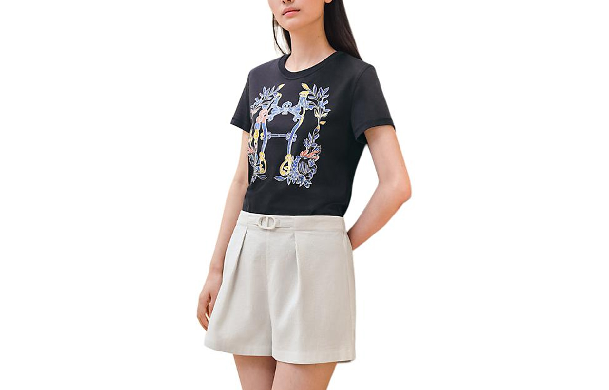 (Women) HERMES Floral Print Crewneck Short Sleeve T-Shirt Women Black SS24 H4E4629DA5H