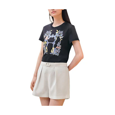 (Women) HERMES Floral Print Crewneck Short Sleeve T-Shirt Women Black SS24 H4E4629DA5H