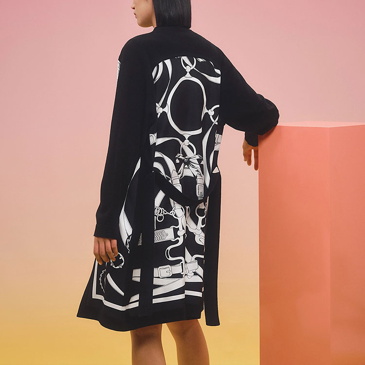 Lookbook (W) エルメス FW22 ブラック ジオメトリック柄 ウール ニット ロングカーディガンセーター H2H2817DT02