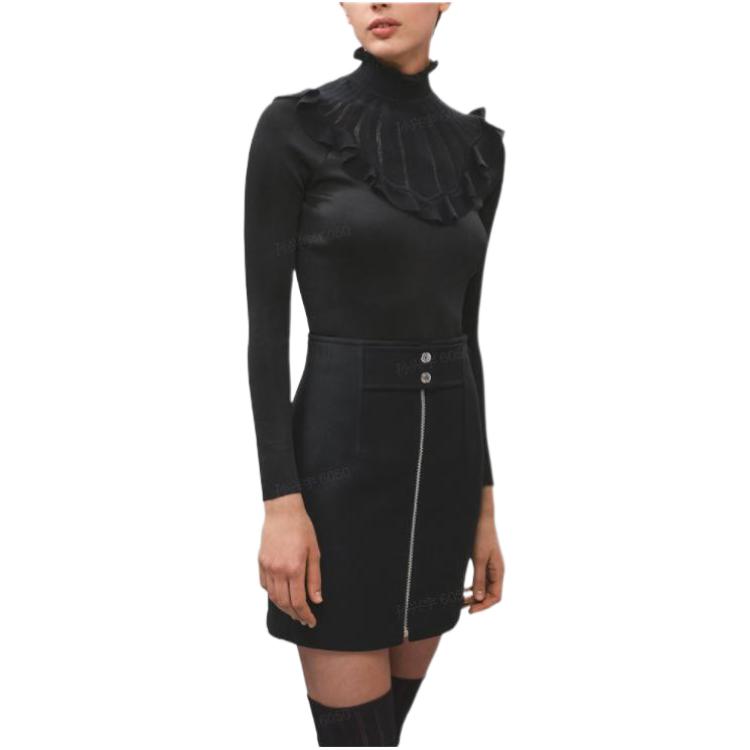 (Women) HERMES FW22  Black Slim Fit Ruffle Accent Long Sleeve Sweater H2H2612DM02