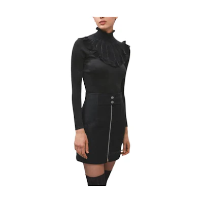 (Women) HERMES FW22 Black Slim Fit Ruffle Accent Long Sleeve Sweater H2H2612DM02