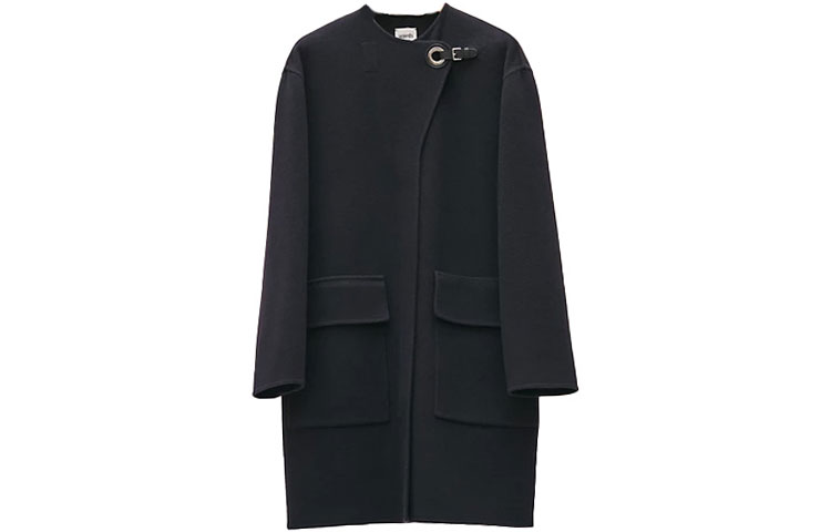 (Women) HERMES FW22  Navy Mid-Length Coat with Solid Color & Zippered Pockets. H2E0107DB5H