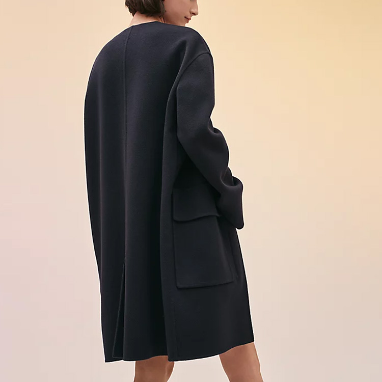 Shop (Women) HERMES FW22  Navy Mid-Length Coat with Solid Color & Zippered Pockets. H2E0107DB5H