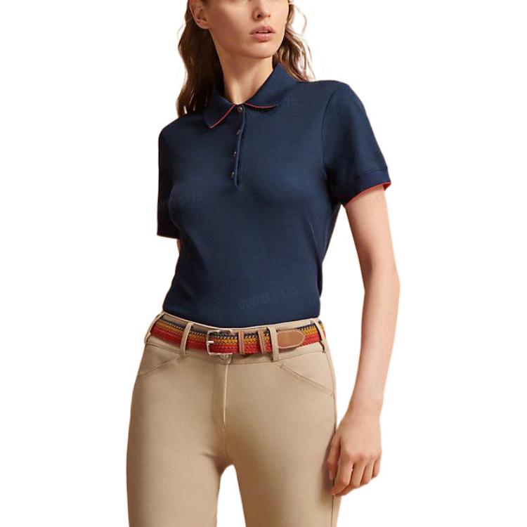 Purchase (W) HERMES FW22 Polo Ajustado Azul Marino de Color Sólido. H800270E01M