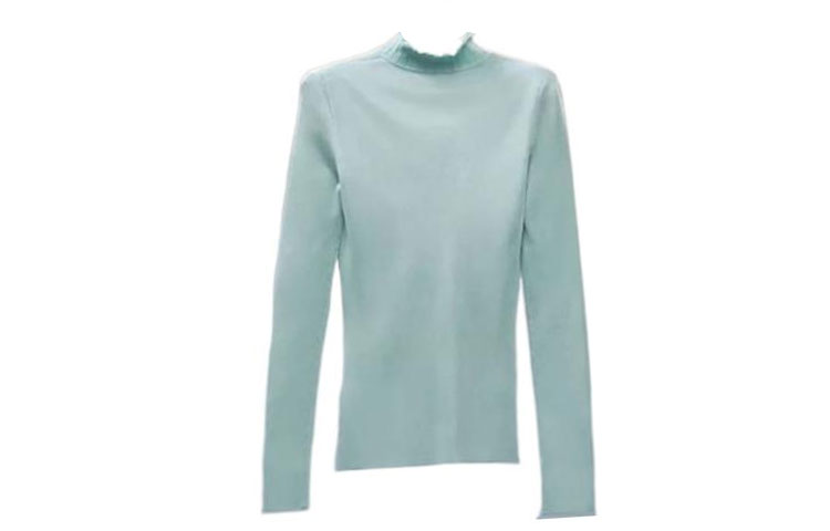 (Women) HERMES FW22  Solid Color Ruffled Slim Fit Long Sleeve T-Shirt Blue. H2H2653DM