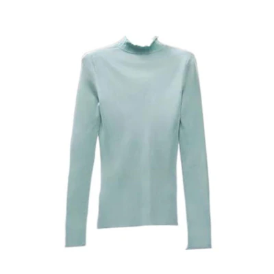 (Women) HERMES FW22 Solid Color Ruffled Slim Fit Long Sleeve T-Shirt Blue. H2H2653DM