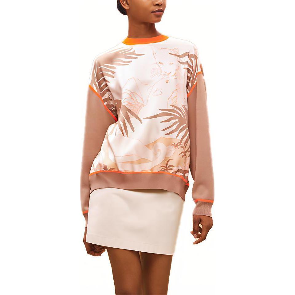 (Women) HERMES FW22 Beige  Sweater Animal Plant Print Crewneck Long Sleeve Casual. H2H2820DRD1