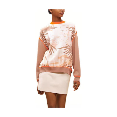 (Women) HERMES FW22 Beige Sweater Animal Plant Print Crewneck Long Sleeve Casual. H2H2820DRD1