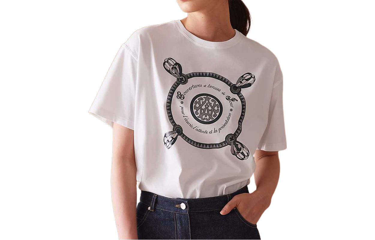 (Women) HERMES FW22 Pattern Print Crewneck Knit Short Sleeve T-Shirt Women White H0E4611-D690