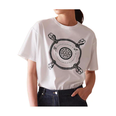 (Women) HERMES FW22 Pattern Print Crewneck Knit Short Sleeve T-Shirt Women White H0E4611-D690