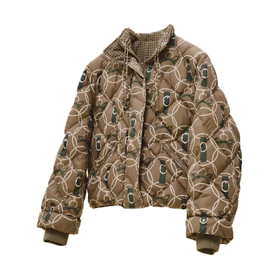 (Women) HERMES FW22 Patterned Print Stand Collar Long Sleeve Down Jacket Women Khaki H2H0153D5BK