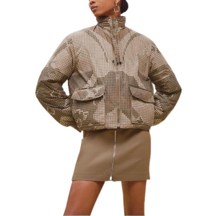 Lookbook (W) 에르메스 FW22 여성용 패턴 프린트 스탠드 칼라 롱 슬리브 다운 자켓 카키 H2H0153D5BK