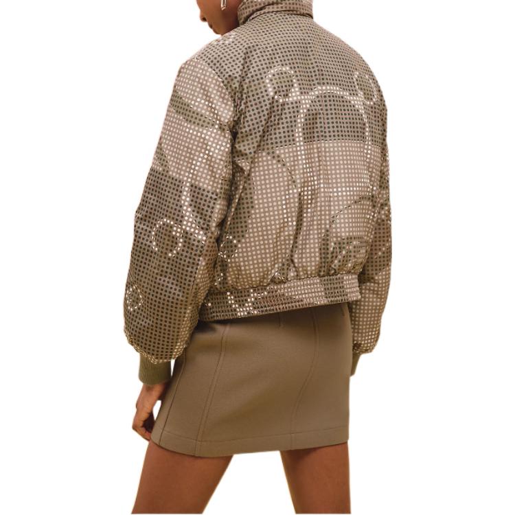Shop (W) 에르메스 FW22 여성용 패턴 프린트 스탠드 칼라 롱 슬리브 다운 자켓 카키 H2H0153D5BK