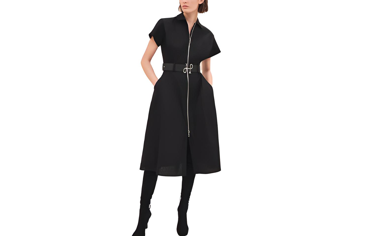(Women) HERMES FW23  Black Short Sleeve Dress with Zipper Belt Waist. H3H0544DH02