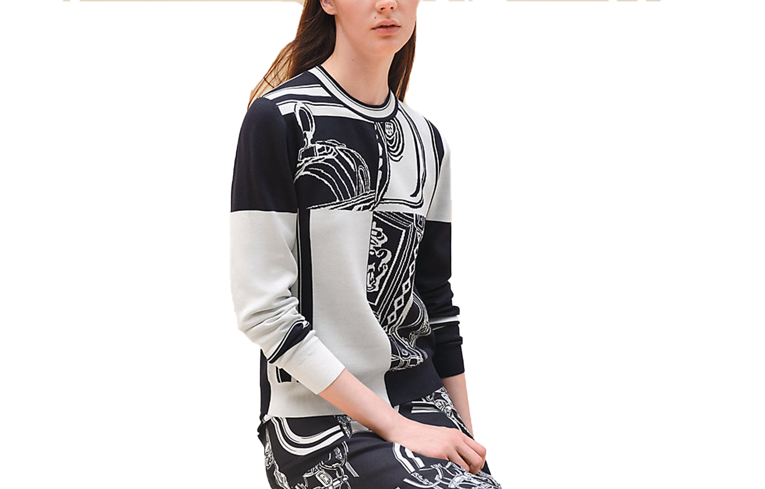 Order (Women) HERMES FW23  Patterned Colorblock Knit Pullover Sweater Black White H4E2655D65H