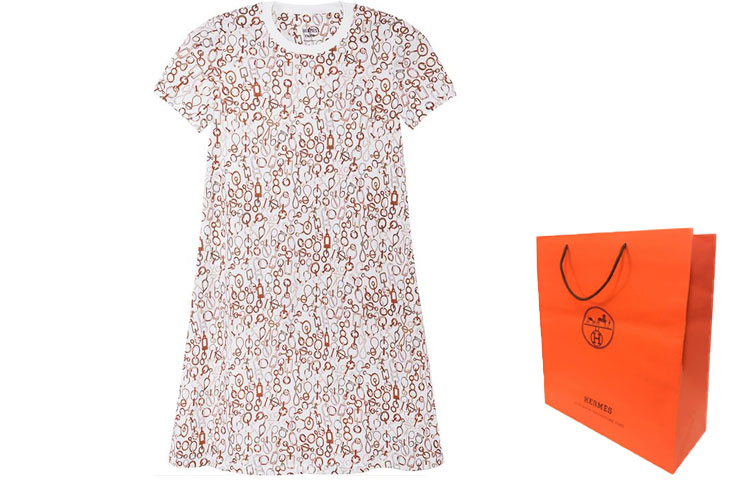 Shop (Women) HERMES FW23  White Color-Block Pattern Short-Sleeve Mini Dress. H3H4514DRTL