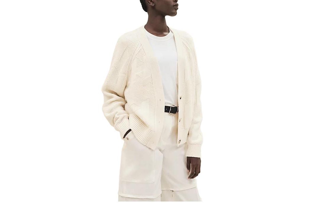 (Women) HERMES FW23  White Solid V-Neck Ribbed Long Sleeve Knit Sweater H3H2701D4A3